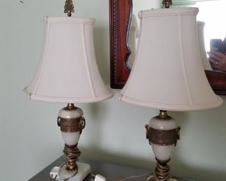 (2) Alabaster & antique brass dresser lamps with shade