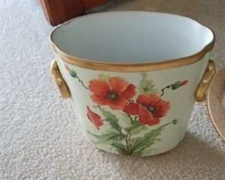 Poppy hand painted waste basket gold handles