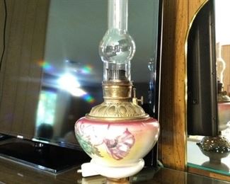 1890 P & A Brass Oil Lamp. ALL original components.  Font is in great condition.  Hand painted.