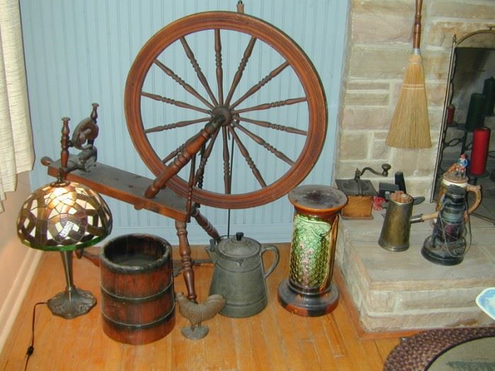 Primitves, majolica, graniteware, glass lamp