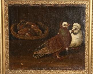 Antique Oil on Canvas Still Life of Pigeons  Signed Baumann F(?)