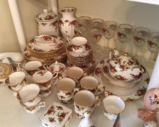 Complete set of “Old Country Roses” China  with matching glasses