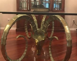 Mid Century Hollywood Regency brass ram's head dining table or desk. In the style of Alain Chervet, this is an incredible piece that will be fabulous and at home in your unique space. Love this!