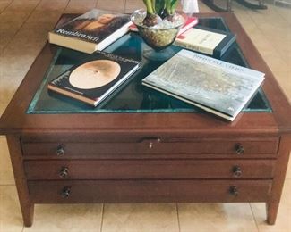 glass top shadow box display for special collections, two sided drawers for lots of storage