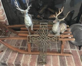 small antique sled, iron Celtic cross