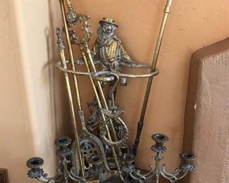 Metal fireplace set and 2 Victorian style candle stick holders