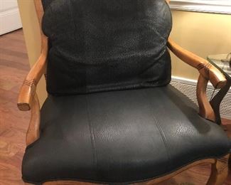 Navy leather and wood carved chair