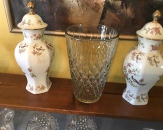 Pair of lidded urns and a crystal vase