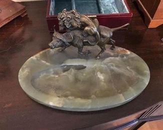 Antique alabaster tray with bronze statue