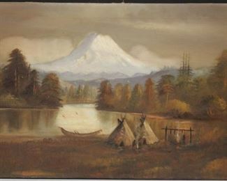 LOT #7011 - 19TH C. WESTERN OIL ON CANVAS OF INDIAN ENCAMPMENT