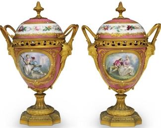 LOT #7025 - PAIR OF EARLY FRENCH PAINTED ENAMELED URNS