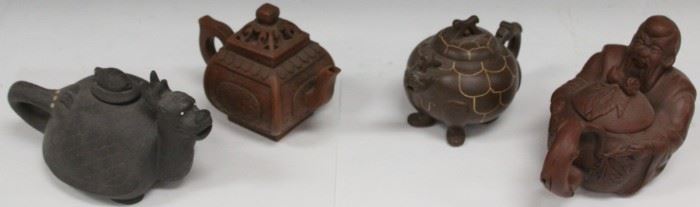 LOT #7165 - LOT OF (4) CHINESE FIGURAL CLAY TEAPOTS