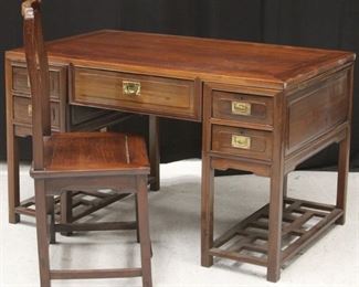 LOT #7217 - CHINESE CARVED WOOD DESK & CHAIR, 1900'S