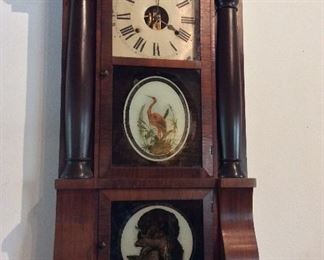 Bird and Bird Dog Painted Glass Seth Thomas Eight Day Weight Clocks, Thomaston, Conn., circa 1880's, 19" W x 32" H x 5" D. 
