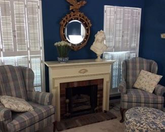 Upholstered Chairs, Footstool and Fireplace Mantel. 