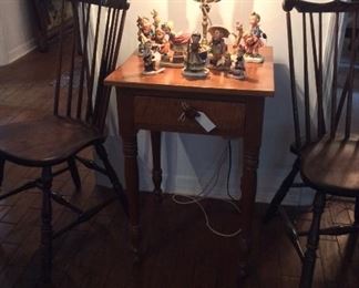 Antique Birdseye Maple Side Table. Hummel Figurines. 