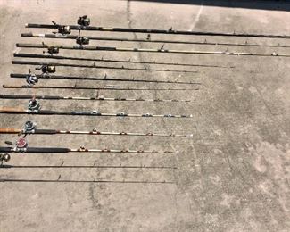 Surf Casting Rod, 14' 6" with Penn 8500SS Reel. 14' Rod with Penn 850SS Reel. 14' Rod with Penn 7500SS. 8' 6 " Rod with Penn 440SSg Reel. 7' Rod with Penn 5500SS Reel. 7" Rod with Shimano Saros 4000F Reel. 6' 8" Penn Slammer Rod. 79" Downrigger Rod with Penn Senator 60 Reel. 79" Downrigger Rod with Penn Senator 113 Reel. 75" Rod with Penn Senator Reel. 
