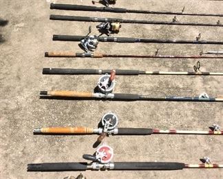 Surf Casting Rod, 14' 6" with Penn 8500SS Reel. 14' Rod with Penn 850SS Reel. 14' Rod with Penn 7500SS. 8' 6 " Rod with Penn 440SSg Reel. 7' Rod with Penn 5500SS Reel. 7" Rod with Shimano Saros 4000F Reel. 6' 8" Penn Slammer Rod. 79" Downrigger Rod with Penn Senator 60 Reel. 79" Downrigger Rod with Penn Senator 113 Reel. 75" Rod with Penn Senator Reel. 