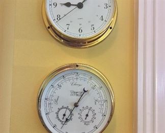 Weems & Plath Brass Clock and Barometer, 6" diameter. 