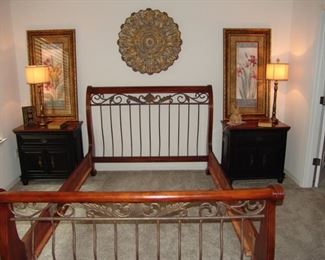 Queen size sleigh bed, metal and wood