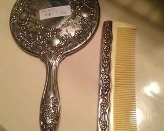 Silver mirror and comb set