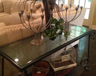 Glass top sofa table; matching candleholders