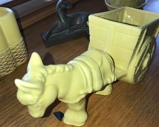DONKEY PULLING OLD CART POTTERY PLANTER