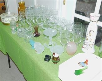 Beautiful crystal stemware, bird figurines, other vintage glass