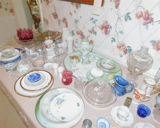 German hand painted coffee pieces, vintage cranberry glass, cream pitchers, plates, vases, compotes, another apothecary/candy jar