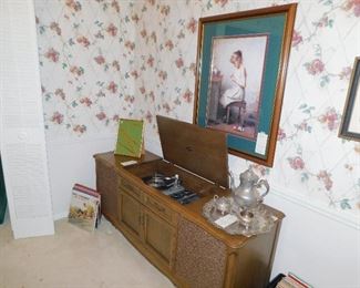 Vintage RCA console stereo. LPs including this stack of records by Bill Cosby