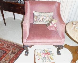 Beautiful antique arm chair and needlepoint footstool
