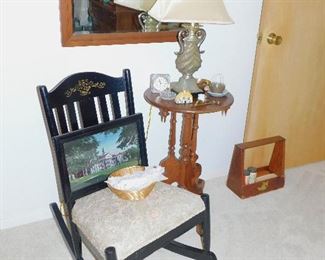 Sewing rocker, antique lamp table
