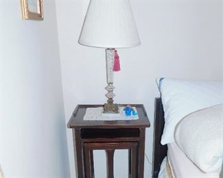 The cutest fold-out bedside table, vintage lamp