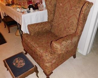 Comfy armchair, needlepoint footstool