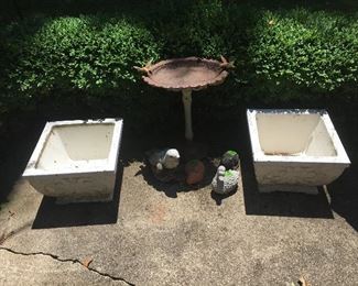 Concrete Planters. Old metal birdbath.