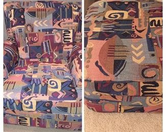 Designer upholstered chair and matching ottoman