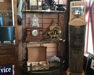 Vintage Bakers Rack with lots of old Clocks