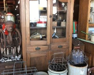 Antique Pie Safe with Milk Bottle Crates, Crocks, vintage kitchen Primitives