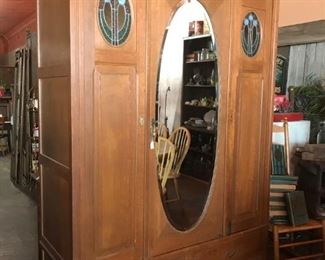 Large Oak Chifferobe with Stain glass and  oval Mirror