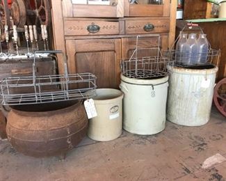 Cast Iron Pot, Large Crocks, Milk Bottle Carrier Crates