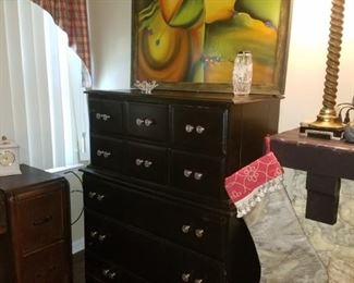 Painted chest of drawers (5 drawer). Large abstract framed art. Austrian crystal vase with sterling rim.