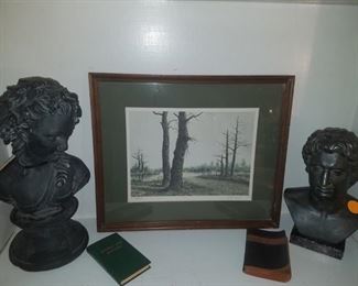 Butler Brown numbered, autographed, framed print, cast iron busts (Alexander the Great), & more.