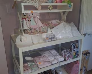White and glass display shelving (2 pieces to be sold separately) by Spartina. New baby gifts (part of Kimberly's closeout), parasol, toys, girl's teapot lamp, shoes, & more.