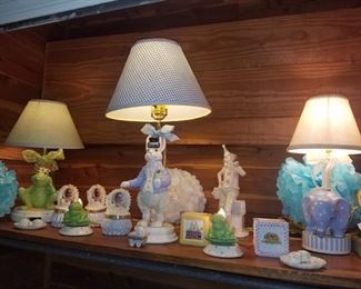 Variety of lamps for a child's bedroom: Peter Rabbit, frog, blue elephant, & small frogs. Trinket boxes, first tooth/hair lock boxes, cube banks, and more. Part of Kimberly's Antiques closeout