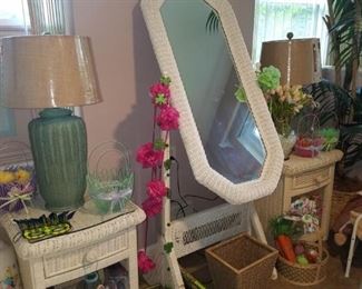 White wicker bedside tables, full length mirror, wicker table lamps, sewing kit, & more