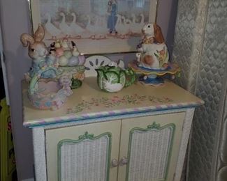Hand painted white wicker cabinet, Fitz & Floyd and other bunny décor