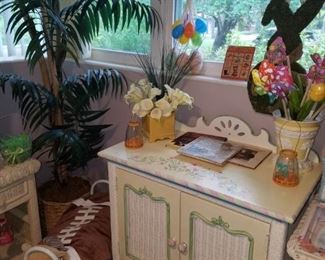 2 of 2 white wicker hand painted cabinets, artificial tree, pillow pet, and other décor.