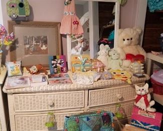 Full size white wicker dresser & mirror, art, children's books, & more.