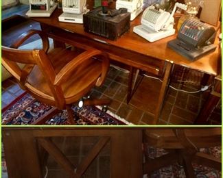 Wooden computer desk with matching chair, vintage check writing machines, Victor turntable (as is), oil lamp, steel pic machines, & more.