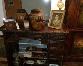 Antique jewelry table from the original Kimberly's Jewelry Store. Also, an original jewelry display stand from the store. American prescut oil lamp, cabinet hardware, planters, & more.